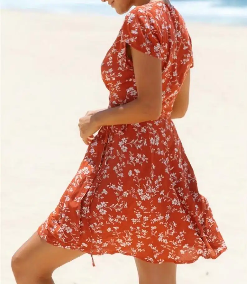 Летнее сексуальное платье с глубоким v образным вырезом коротким рукавом