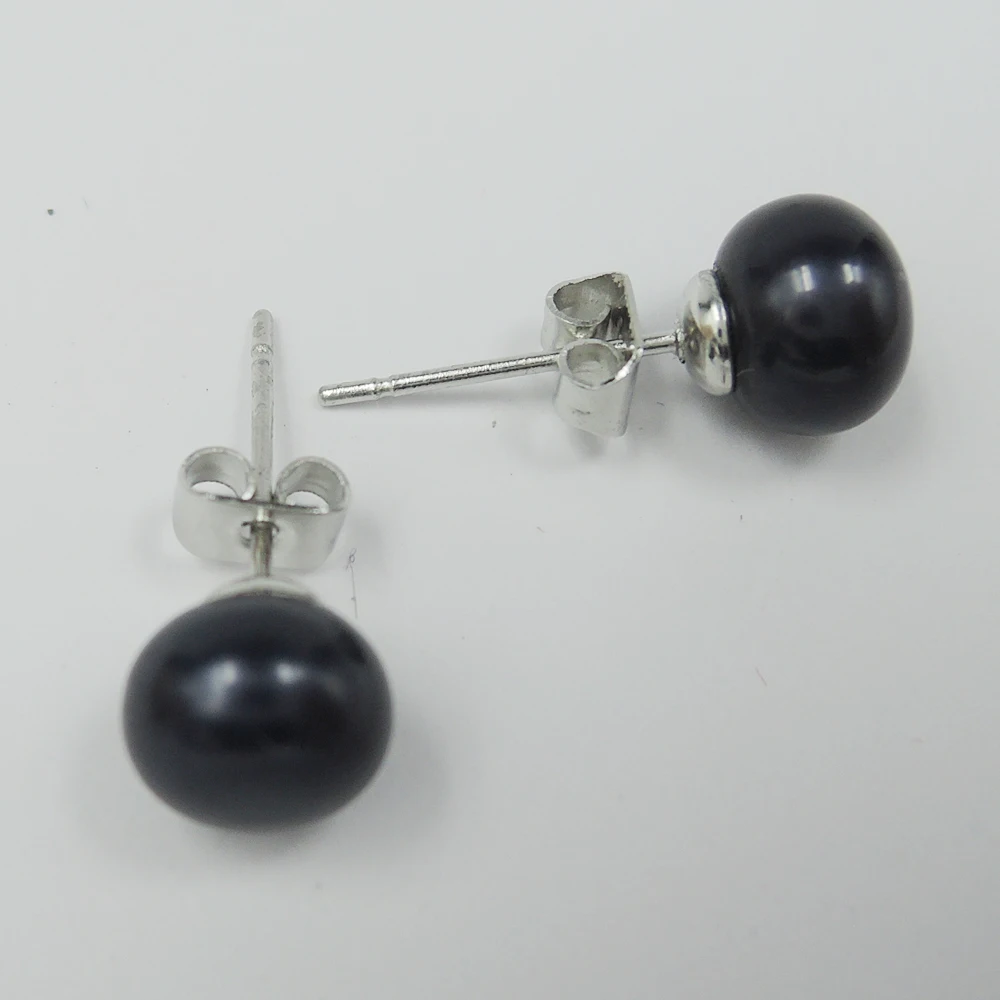 Реальная фотоблестящая серебряная серьга гвоздик золотой жемчуг черный и т.