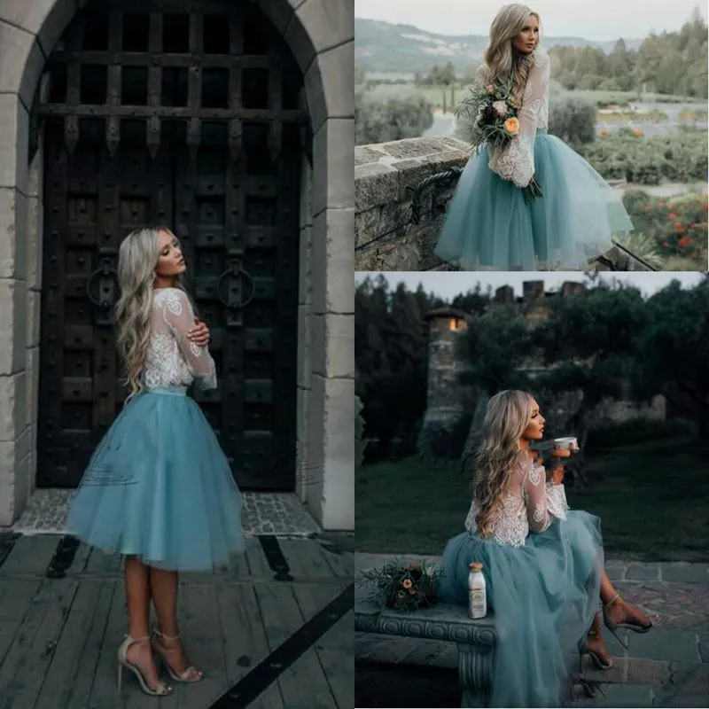 

2 Pieces Custom Made Evening Dresses Robe De Soiree Appliques Lace Tulle Dusty Blue Evening Gowns abiye vestido de festa