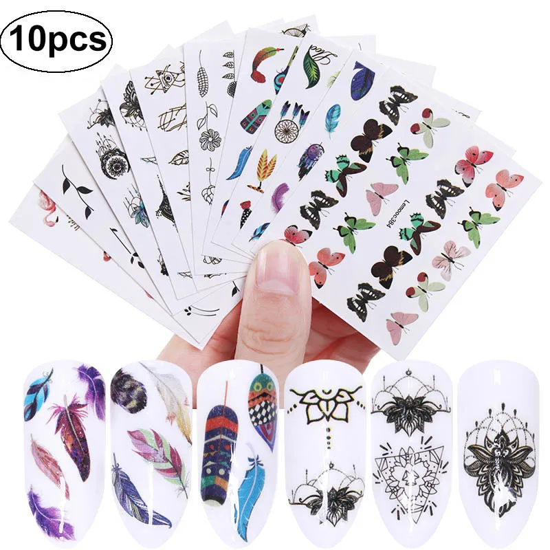 set 11 10pcs LEMOOC 1 набор, смешанный дизайн, набор наклеек для дизайна ногтей, Черное кружево, золотой, серебряный блеск, цветок, водная наклейка, слайдер, обертывания, Декор, маникюр - Цвет: set 11 10pcs