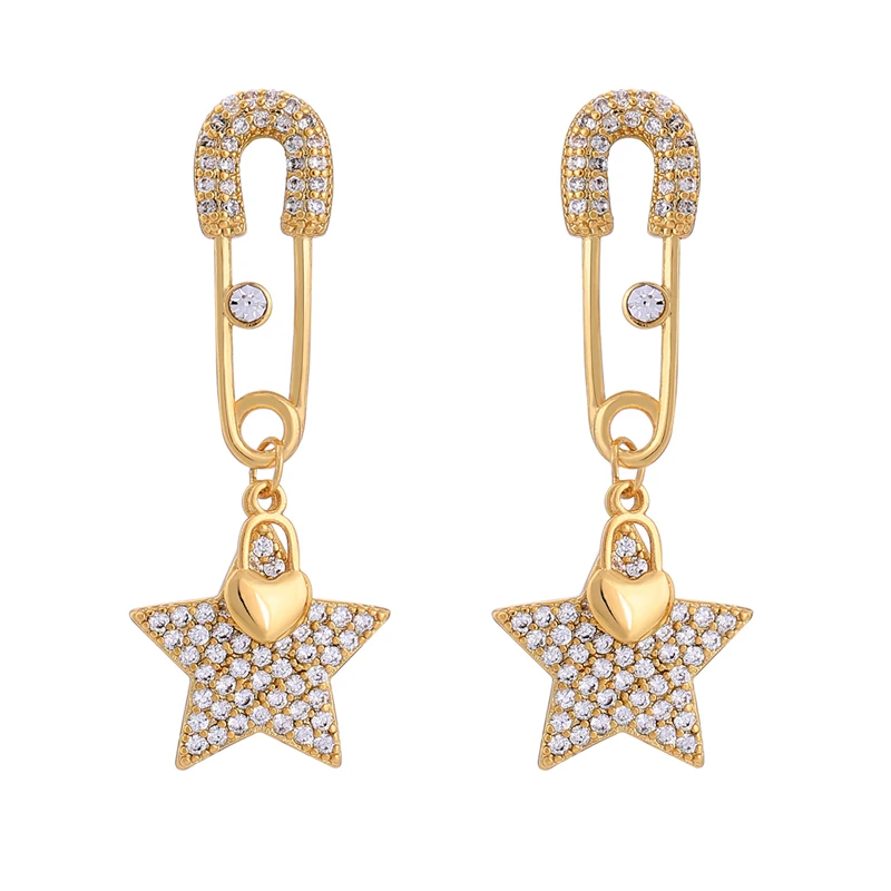 

Uer me0028 2018 New Gold Color Copper Crystal Star Pin Pendant Drop Earrings