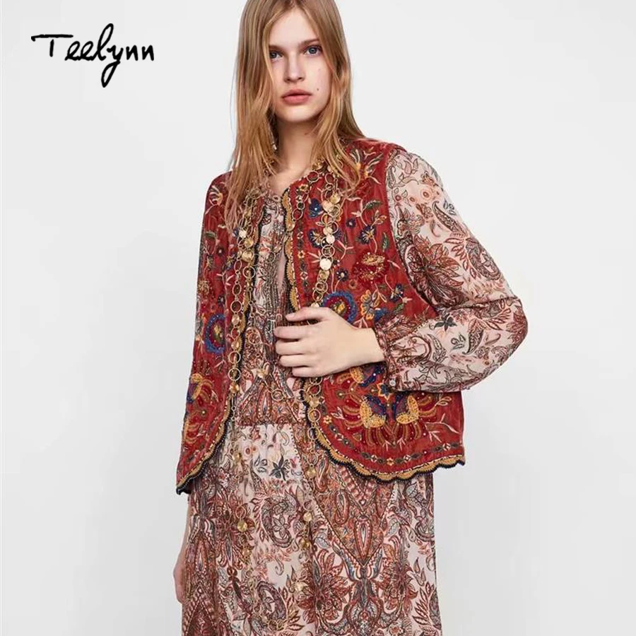 Женская бархатная куртка TEELYNN Boho осенняя Верхняя одежда без рукавов с цветочными