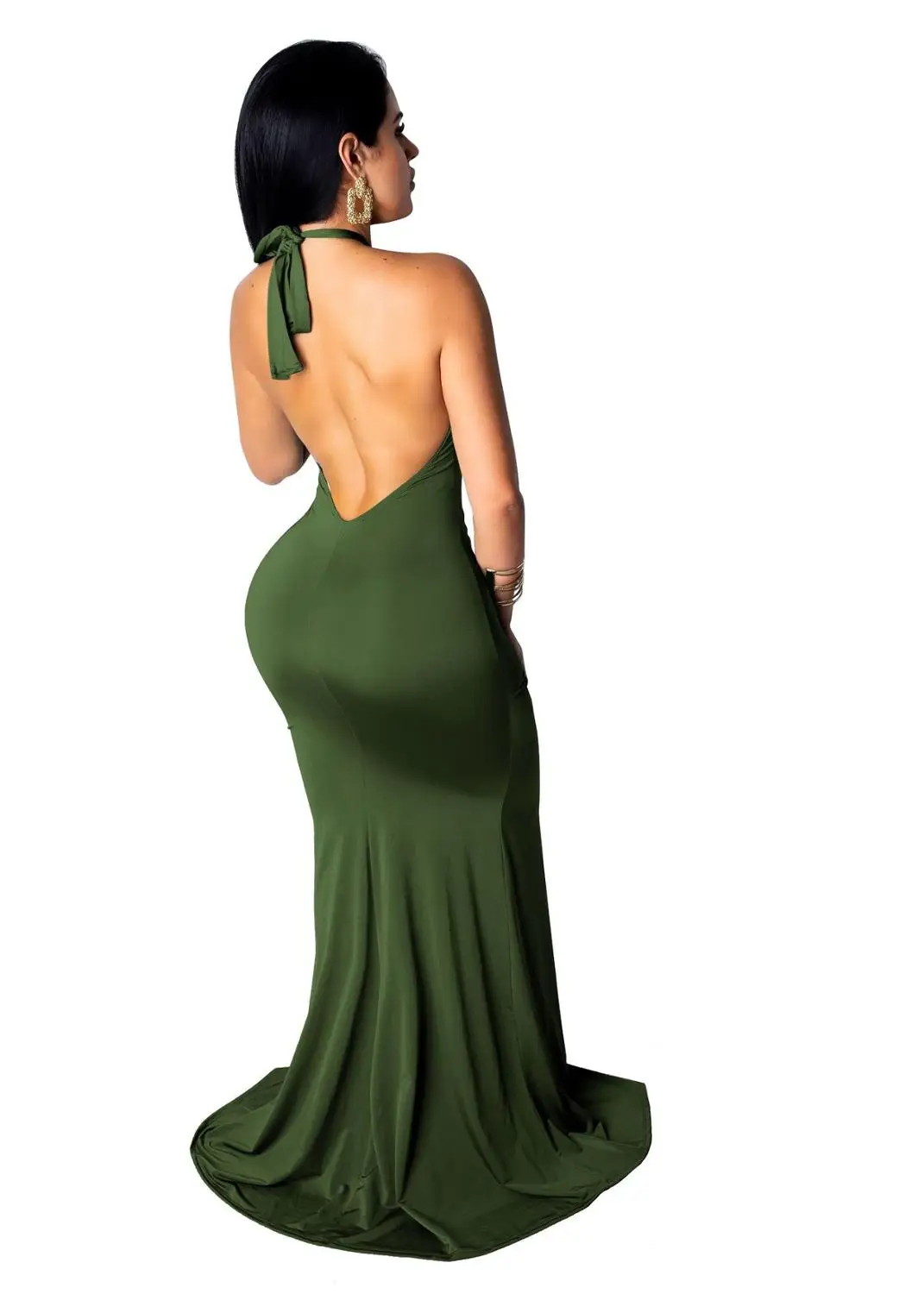 

Echoine Sexy Women Long Backless Dress Halter Hollow Out Bridesmaid Formal Pleated Mermaid Floor Length Party Dresses Vestidos