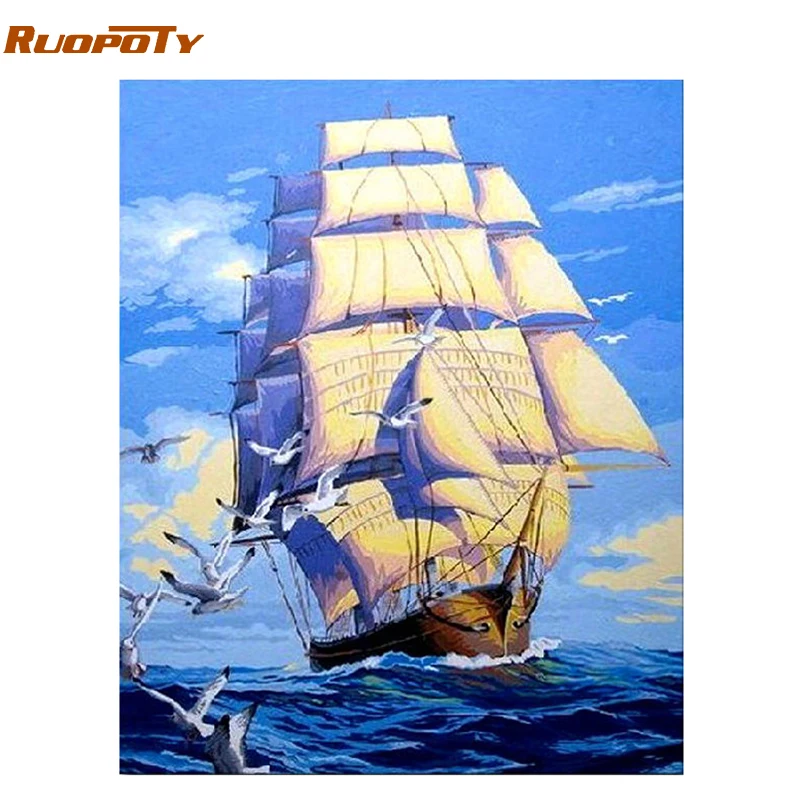 RUOPOTY рамка парусная лодка DIY Рисование по номерам пейзаж настенное Искусство