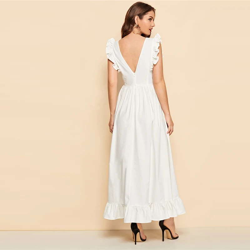 SHEIN Летнее Платье С V-Образным Вырезом И Оборками, Легкое Хлопковое Платье, Длинное Летнее Платье С Рукавами-Рюшами
