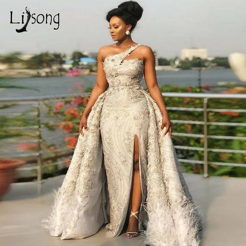 Роскошные кружевные вечерние платья 2019 с перьями со съемным шлейфом бусинами