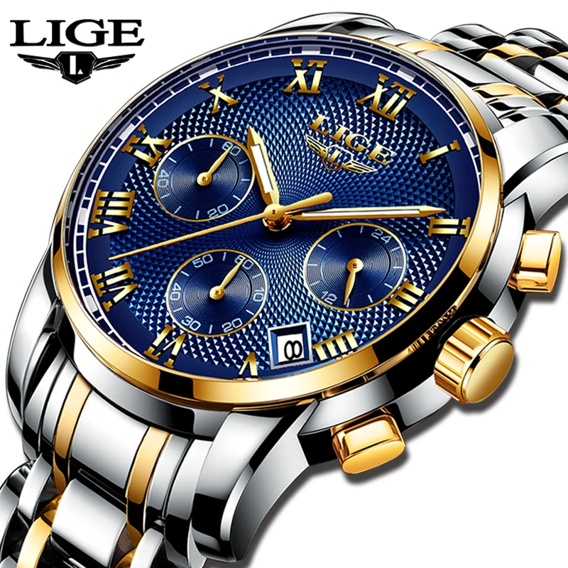 Мужские наручные часы LIGE роскошные спортивные кварцевые с хронографом стальные