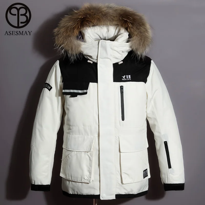 Asesmay, Новое поступление, мужские зимние куртки, 90% белый утиный пух, парки, пальто для мужчин, зимняя Толстая теплая куртка с капюшоном, натуральный мех, верхняя одежда - Цвет: White