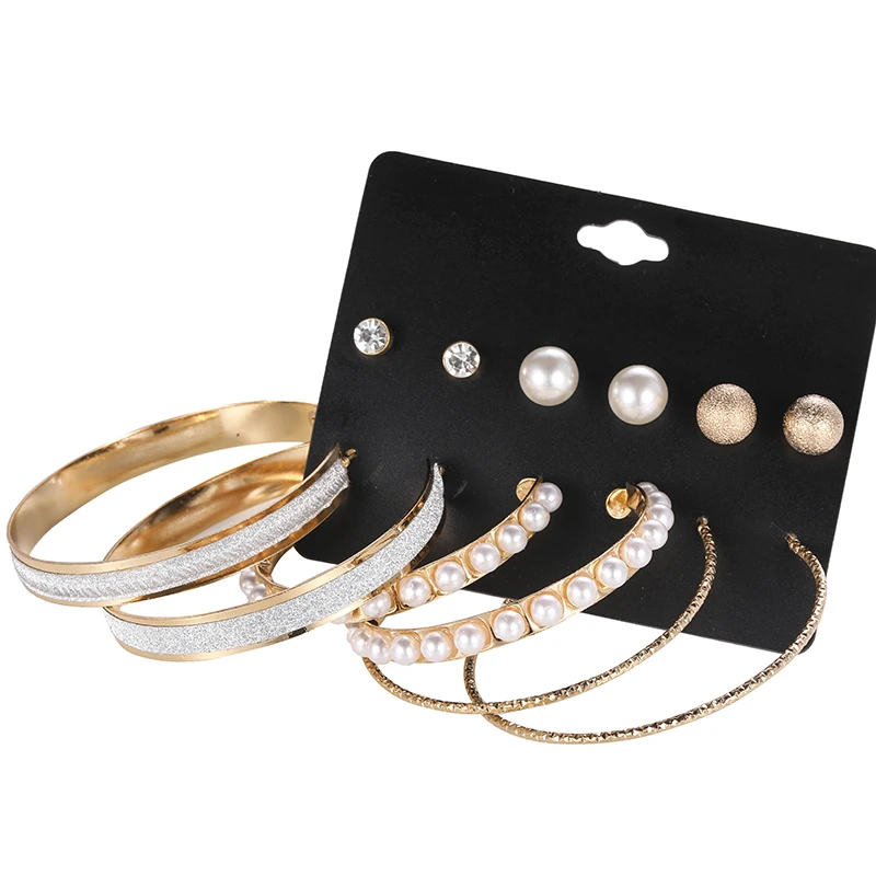 Punk 6 Pieces / Set Woman Exaggerated European and American Pearl Gold Large Circle Scrub Perforated Earring Set