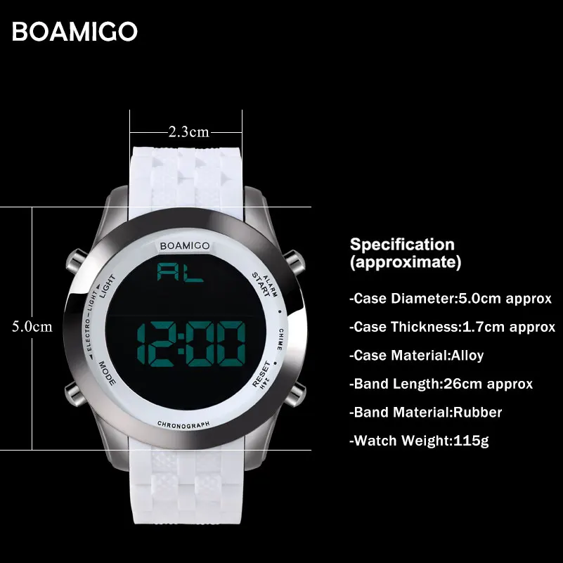 Мужские спортивные цифровые часы BOAMIGO белые резиновые наручные модный бренд 2017