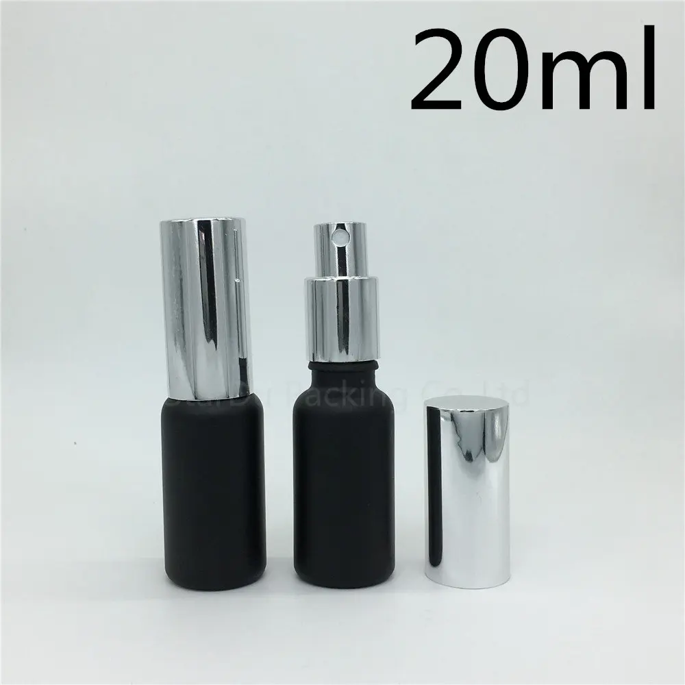 

Free Shipping 10pcs 20ml Black Frosted Glass Bottle With Silvery Aluminum sprayer,20cc Essential Oil Spray Perfume Bottle