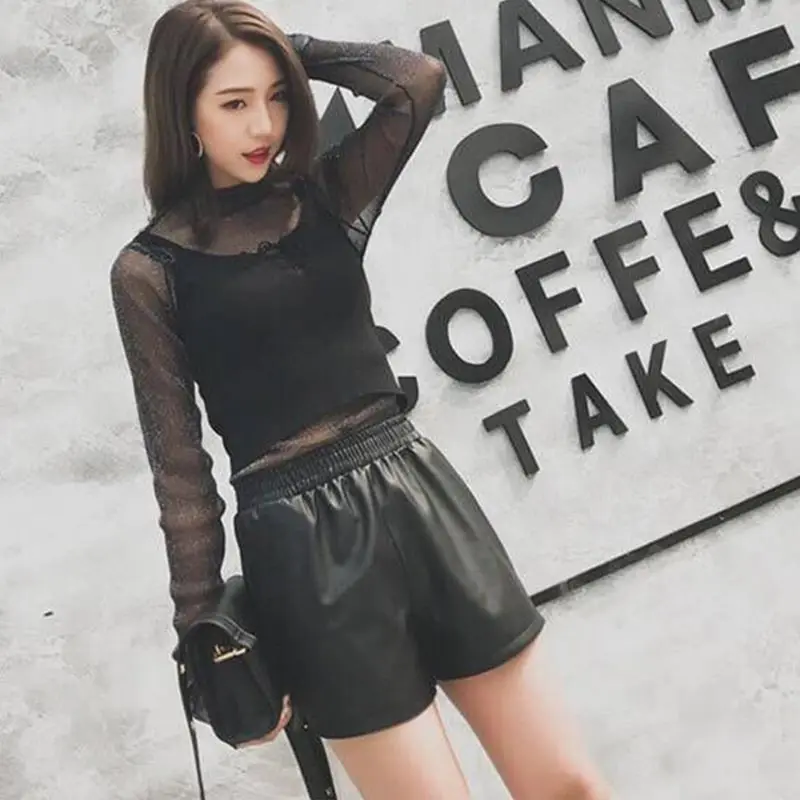 Женские черные шорты из искусственной кожи новинка сезона весна осень 2019