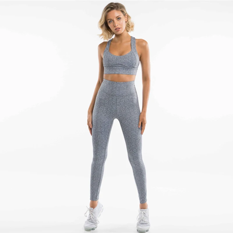 

2020 Summer Gym Solid Color Yoga Fitness Suit Moisture Wicking Yoga Clothes Sports Running Suit Women 2Pcs Yoga Set Bra+Pants
