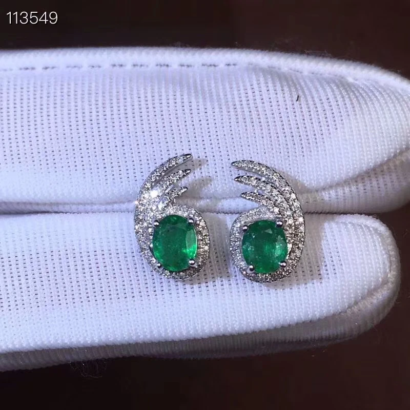 Женские серьги-гвоздики из серебра 925 пробы с натуральным зеленым изумрудом |