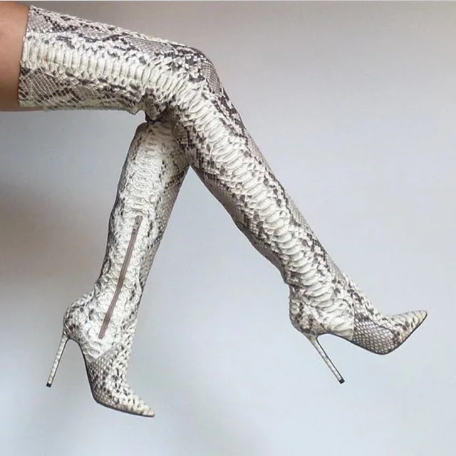 

Classic fashion pointed snakeskin leather knee thigh high boots women's winter high-top shoes color matching women's shoes