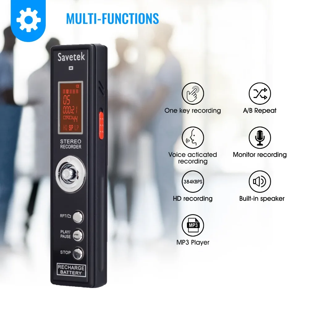 Перезаряжаемая USB ручка диктофон цифровой mp3 плеер запись 384 кбит/с встроенный