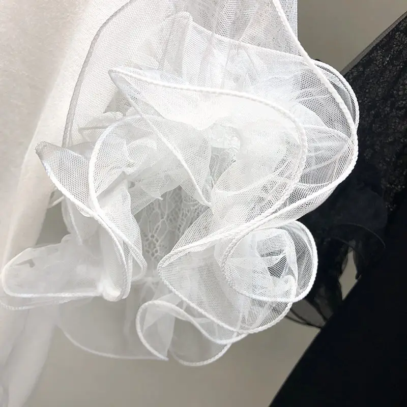 Женская футболка с рукавами фонариками LUOSHA белая трикотажная в стиле пэчворк