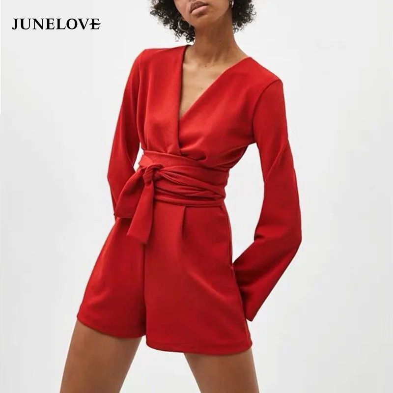 JuneLove Women Long Flare Sleeve Playsuits Vintage Sexy V-Neck Female Solid Casual Sashes Loose Lady Romper | Женская одежда