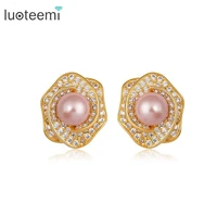 luoteemi luxury champagne gold color lady cubic zirconia micro paved with imitation pink pearl stud earrings for women wedding
