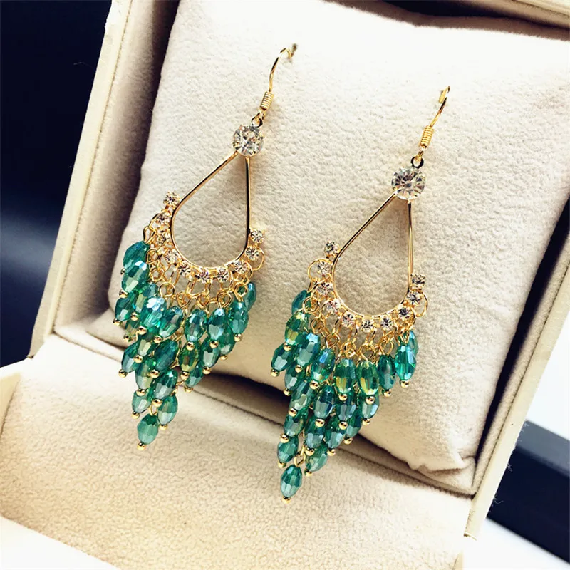 

Bohemia Water Drop Crystal Beads Long Earrings For Women Bijoux Statement Elegant Ethnic Fashion Jewelry