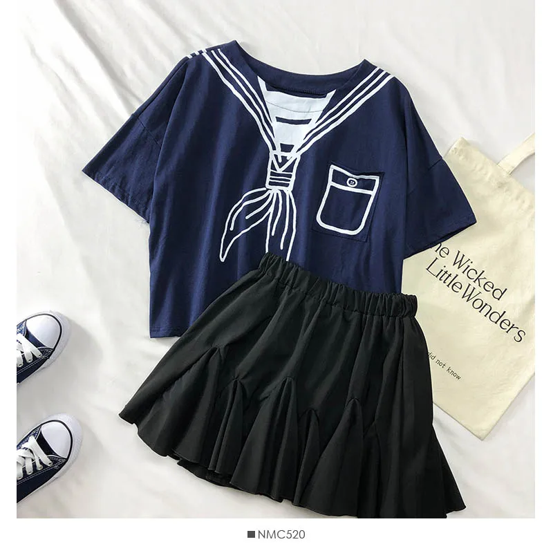 Heliar костюмы японского моряка мультяшный принт футболка и мини-юбка Harajuku Kawaii