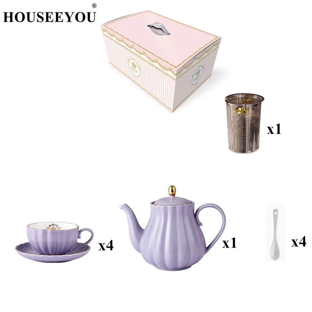 10pcs Краткое British костяного фарфора тыква полоса посуда для напитков керамическая кофейная чашка кружка с молоком чайник Блюдце Ложка Позолоченный Комплект полок набор - Цвет: 10pcs