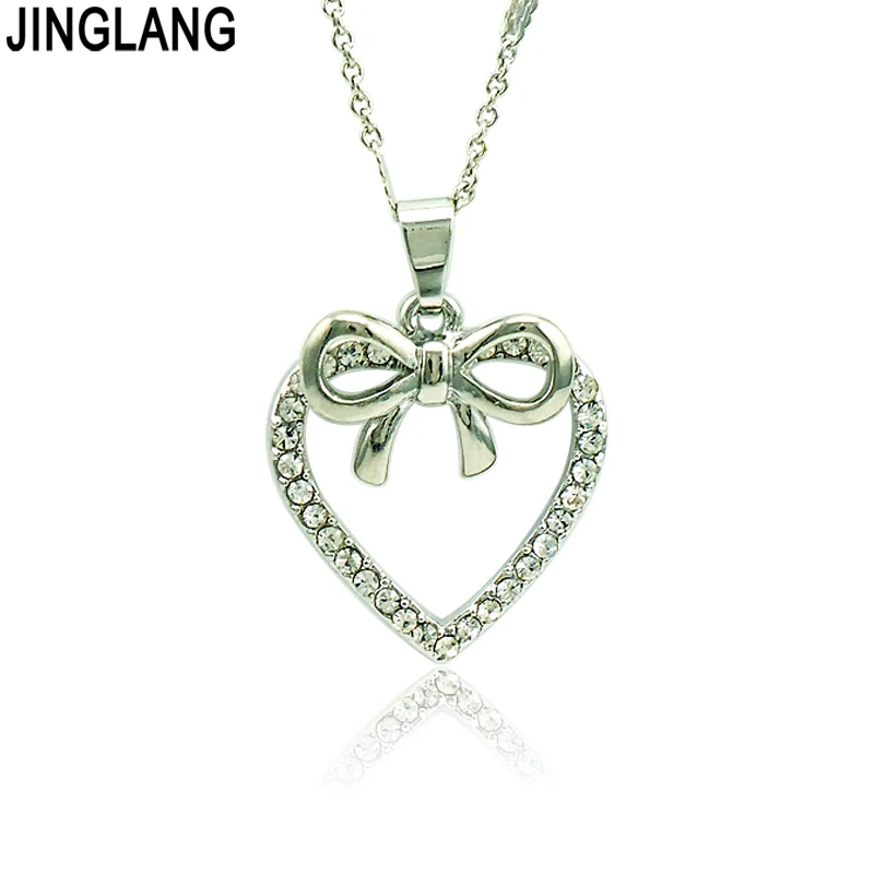 Совершенно новые модные подвески Стразы в виде белого сердца с бантом ожерелье