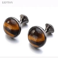 lepton low key luxury tiger eye stone cufflinks for mens high quality round tigereye stone cuff links relojes gemelos best gift