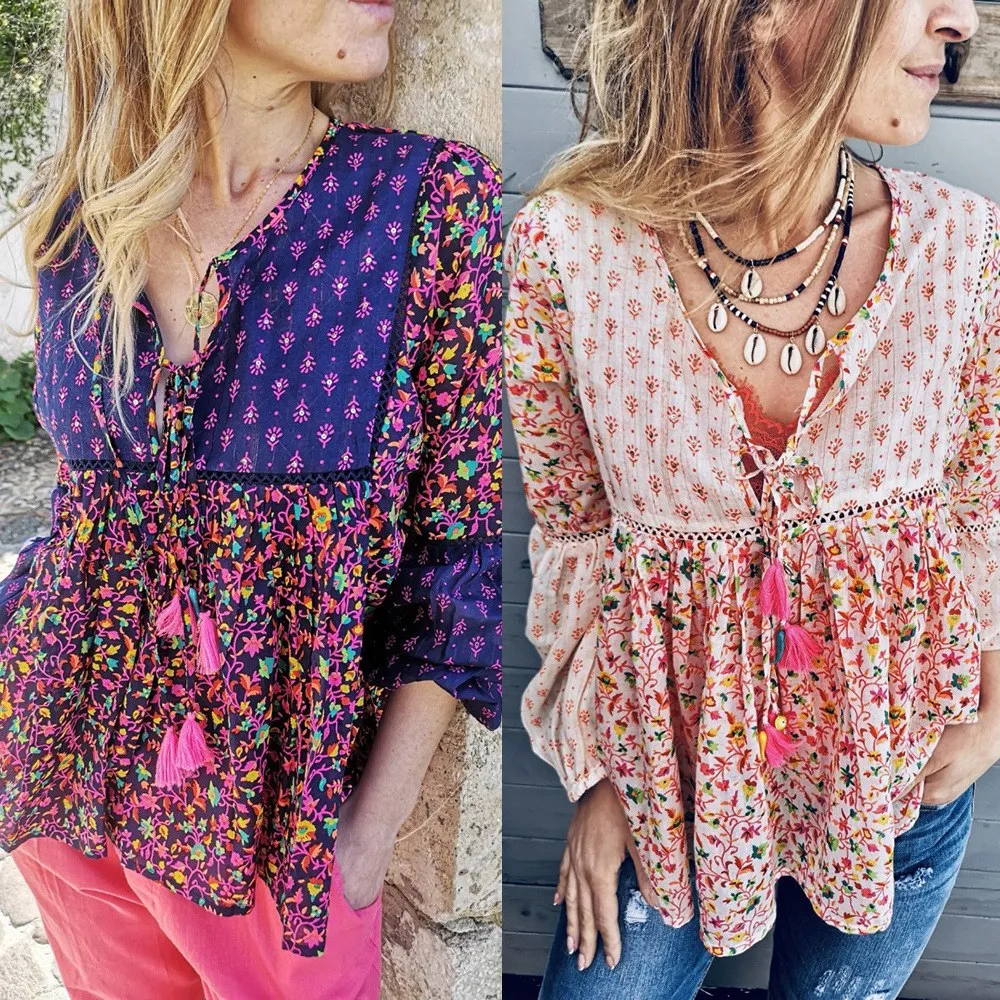 2019 Floral Womens Blouse Pink Boho Casual Sweet Girl Female Shirt Spring Summer Women Plus Size Tops |