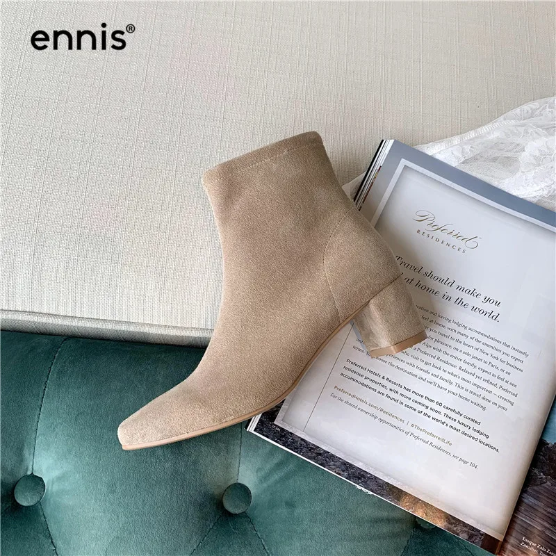 ENNIS/; осенние женские ботильоны; повседневные замшевые ботинки на толстом каблуке; женские ботинки с круглым носком; модная обувь в европейском стиле; A958