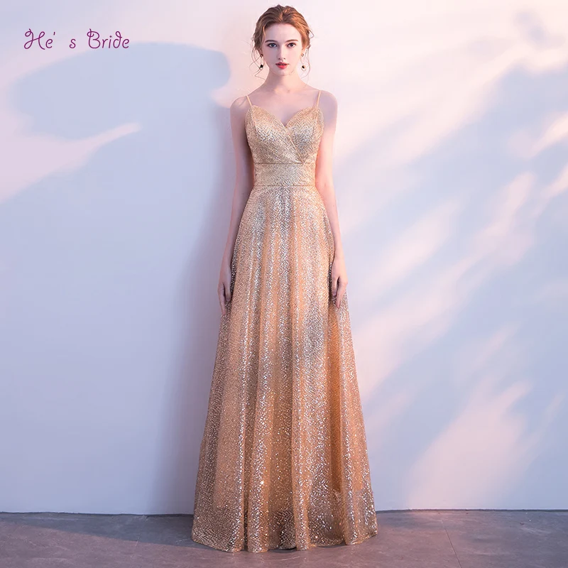 He's Bride Gold New Elegant Evening Dresses V-neck Sleeveless Floor-Length Backless Lace Sexy Prom Party Gown Robe De Soiree | Свадьбы и