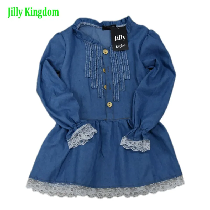 New Spring &amp Autumn High quality Girl Kids Dress Lovely Denim Blue Beautiful Lace Cowboy Clothes Long Sleeve Casual baby | Детская