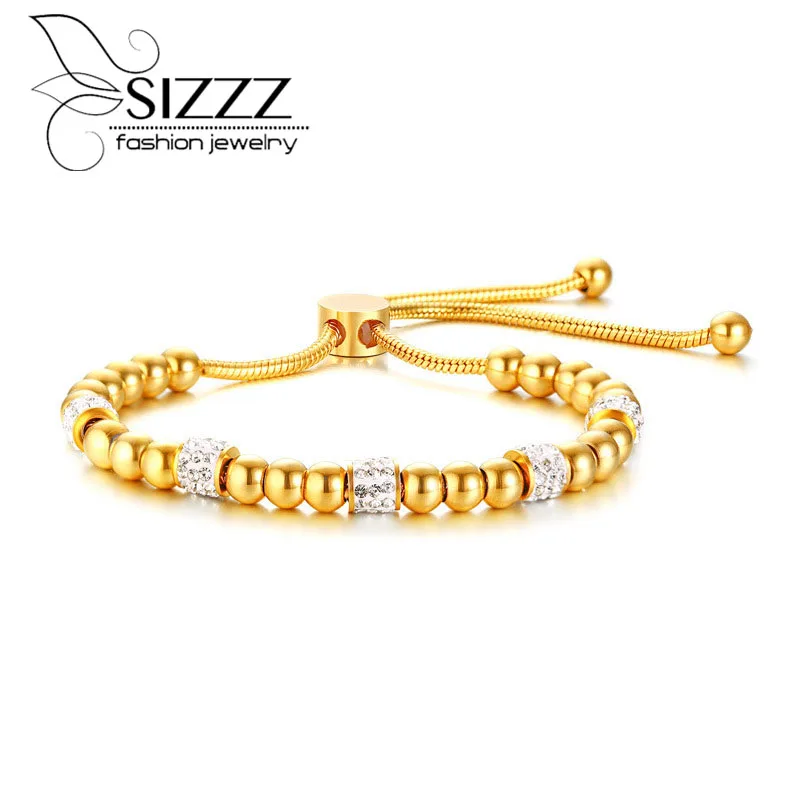 Регулируемый браслет из нержавеющей стали с бусинами и стразами для