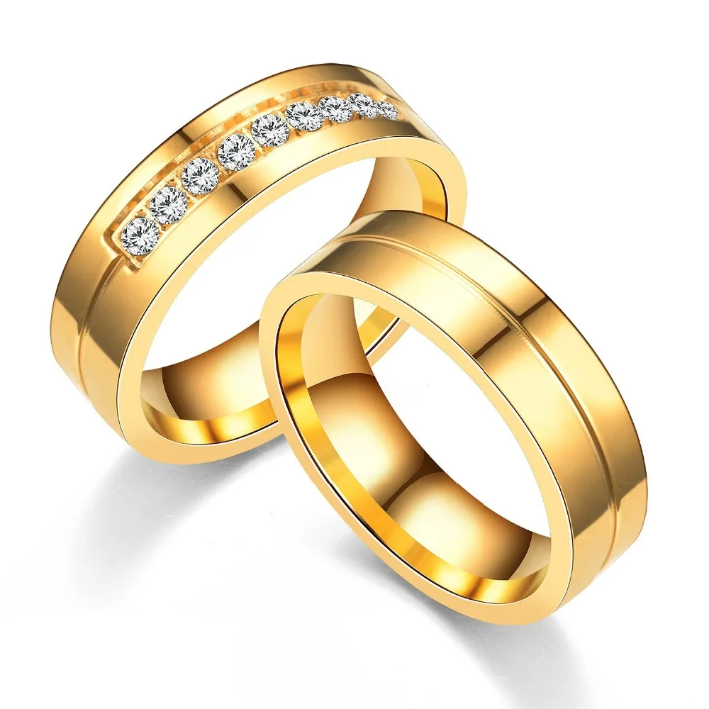 

Hip Hop Iced Out Wedding Rings for Women Men Couple Promise Band Gold Color Stainless Steel Anniversary Engagement Jewelry