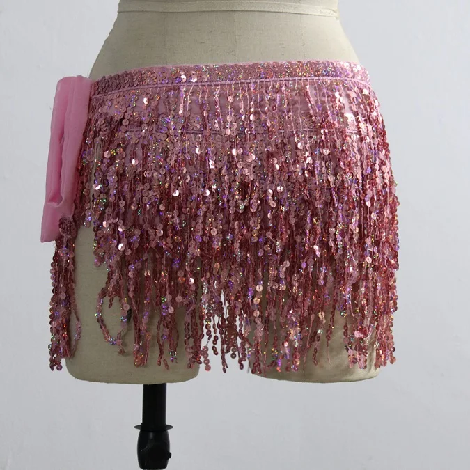 pink Сексуальная Женская юбка для танца живота, расшитая блестками, с бахромой, на бедрах, с поясом, Boho, Мини юбка на талии, Bamba Ibiza, праздничная шифоновая юбка с запахом - Цвет: pink