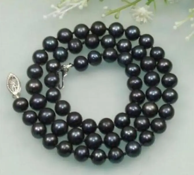 

14k white gold clasp 9-10MM NATURAL TAHITIAN BLACK PEARL NECKLACE 18inch