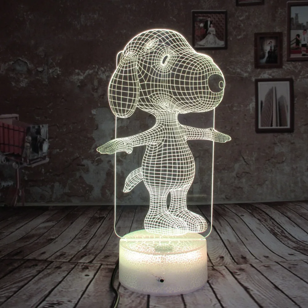 Snoopy, 3D лампа, Ночной светильник, сенсорные настольные лампы, 7 цветов, меняющий светильник s с акриловым плоским и ABS основанием и зарядным устройством USB