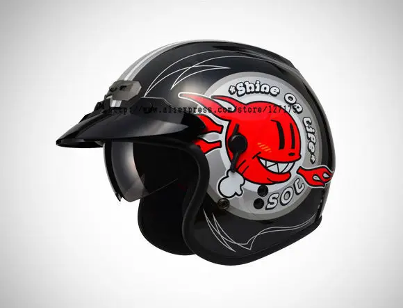 SOL-SO3-0167 3/4 Helmet Retro Black Fire Ball Series 4 Colors Anti-UV 400 Lens Wind&ampSand Proof COOLMAX Lining Meet DOT Test | Автомобили