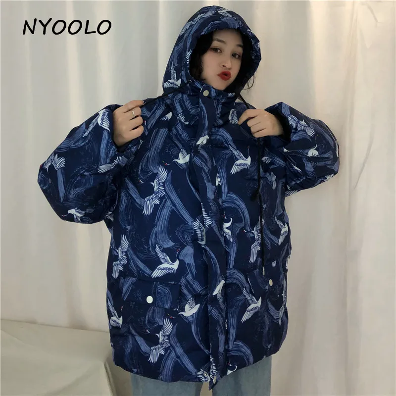 NYOOLO, зимние теплые пальто, с принтом Журавля, уличная одежда, свободный большой меховой воротник, на молнии, куртка с капюшоном, парки, Женская/Мужская одежда, верхняя одежда