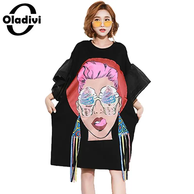 Черный Oladivi размера плюс платье с блестками рубашка летние платья с оборками женская модная одежда Женская туника с бахромой Vestidos Blusas - Цвет: Черный