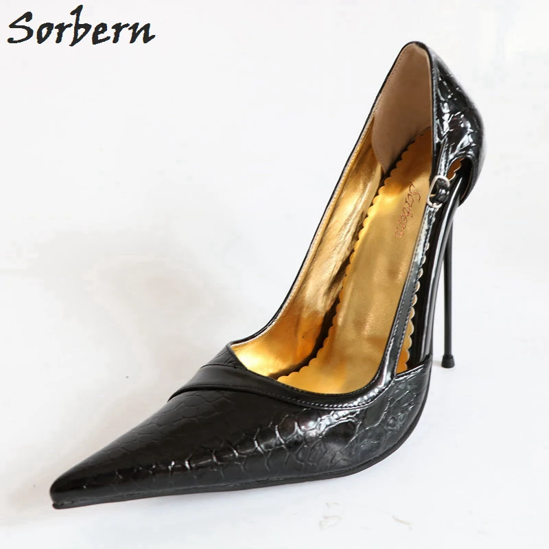 

Sorbern Sexy Thin 14Cm High Heels Women Pumps Stilettos Metal Heels Embossing Black Patent Slip On Party Shoes Big Size Shoes