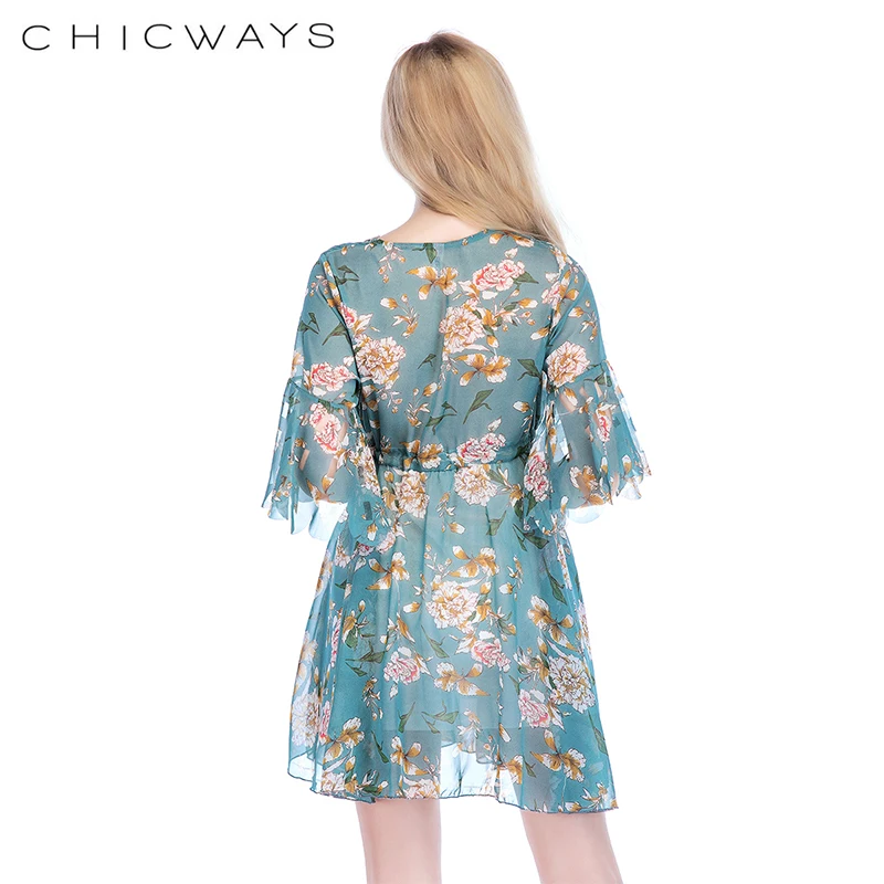 Chicways рюшами Лук цветочным принтом мини платье Для женщин v шеи галстук до летнее