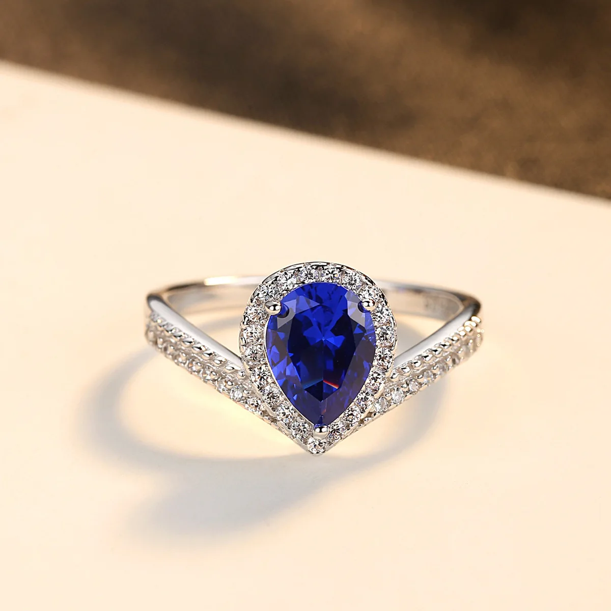 LANCAI Fashion 925 Sterling Silver Ring Genuine Created Water Drop Blue Sapphire for Women Fine Jewelry Gift Hot Selling | Украшения и