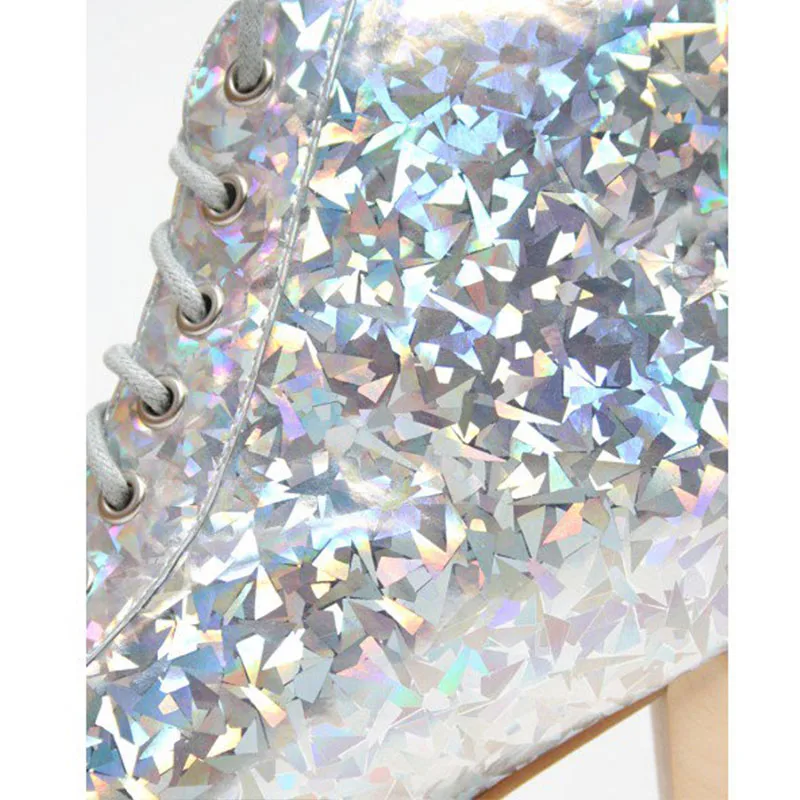 FSJ Серебристые блестящие женские ботинки на платформе со шнуровкой высоком