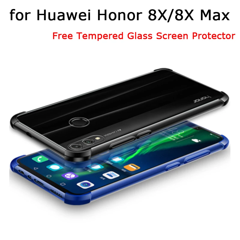 

Мягкий прозрачный силиконовый чехол для Huawei Honor 8X Бесплатный протектор экрана из закаленного стекла для Huawei Honor 8X Max Чехлы кожаная сумка