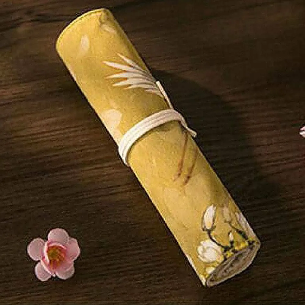 yellow Китайский стиль, цветочный чехол-карандаш, сумки для девочек, симпатичная кисточка для макияжа, сумки для хранения, холщовый чехол для школьной ручки, рулон - Цвет: yellow