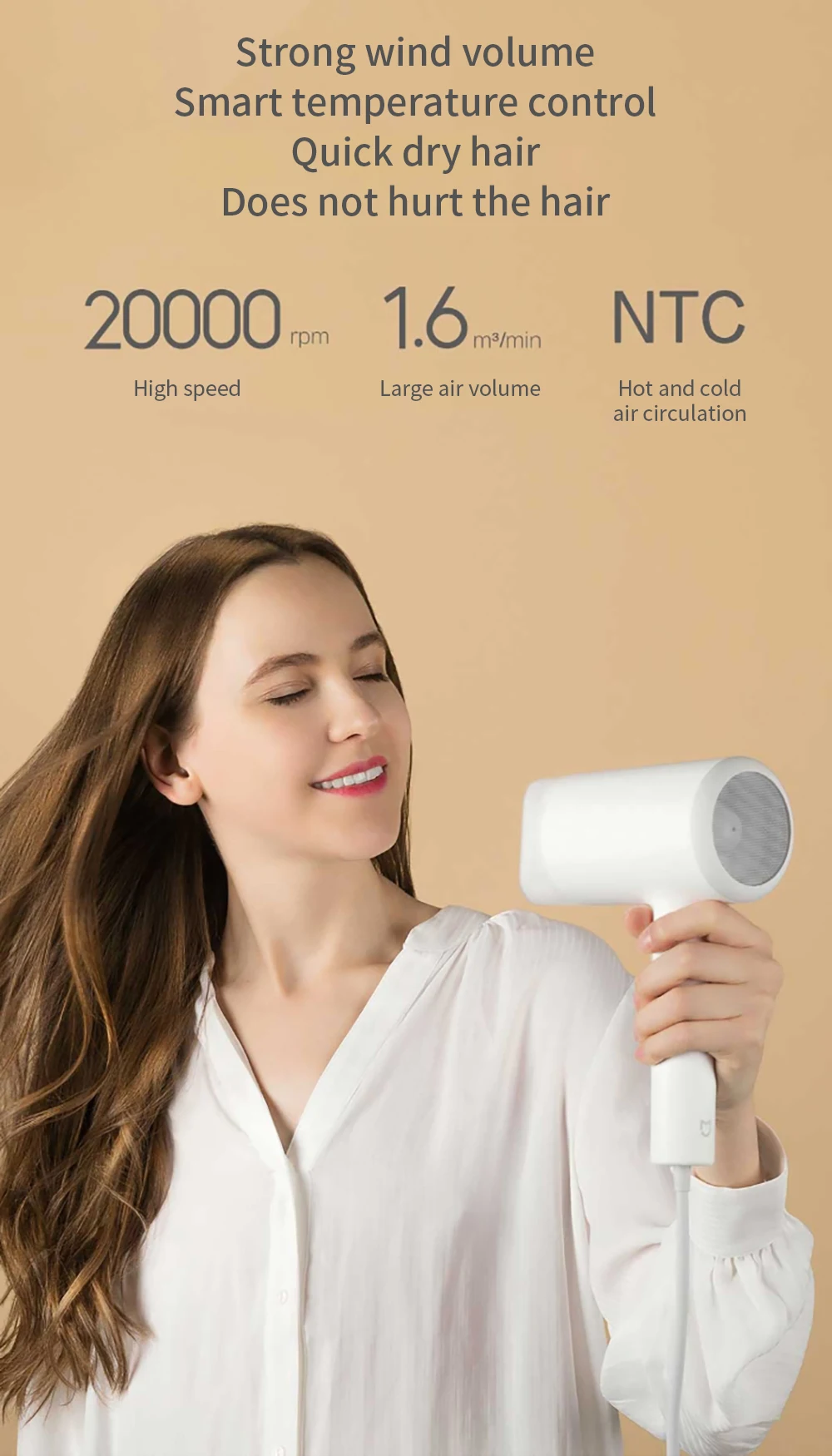 XIAOMI Mijia 1800 Вт электрический фен для волос с водяным ионом, Быстросохнущий фен для волос с тремя зубчатыми передачами, фен для волос с низким содержанием воды