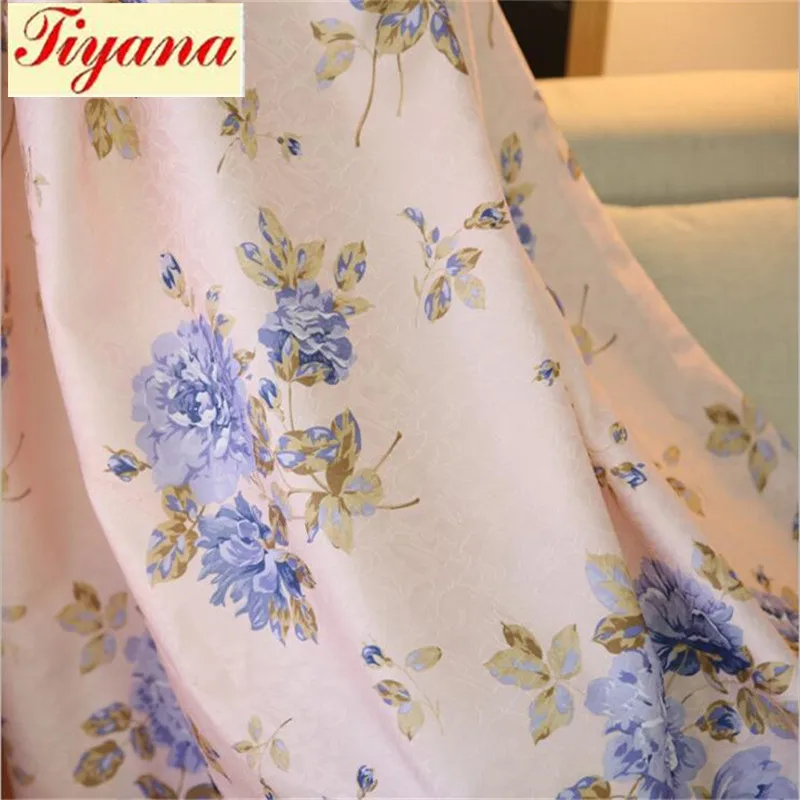 Blue Floral Curtain For Living Room Luxury Semi Blind Drape Window Panel Fabric Curtain For Bedroom Shading Pink Sheer HM386*30