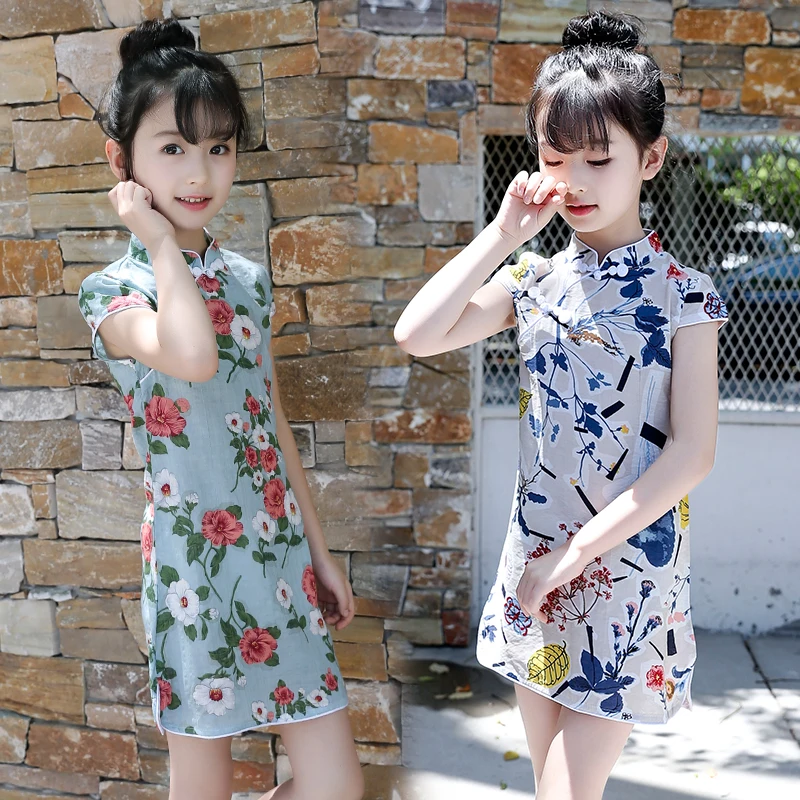 Детская Qipao короткий рукав китайский Стиль платья для девочек Cheongsam Повседневное