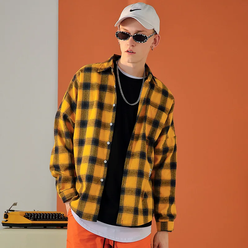 New shirt Men's Lapel checked Loose printed long sleeve | Мужская одежда